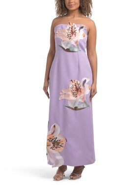 Strapless Lavender Floral Applique Maxi Dress